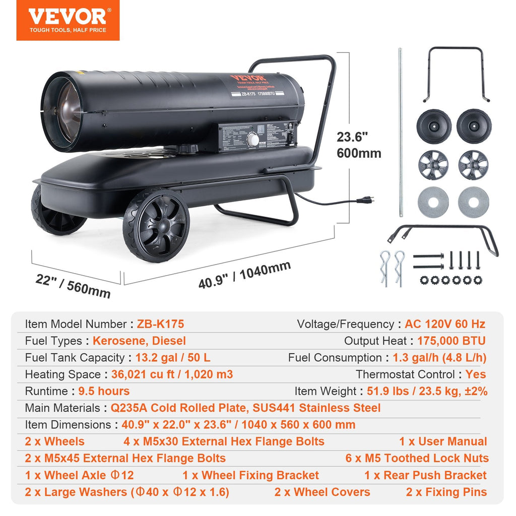 Vevor Kerosene Forced Air Heater 175000 BTU Portable with Thermostat 13.2 Gal. New