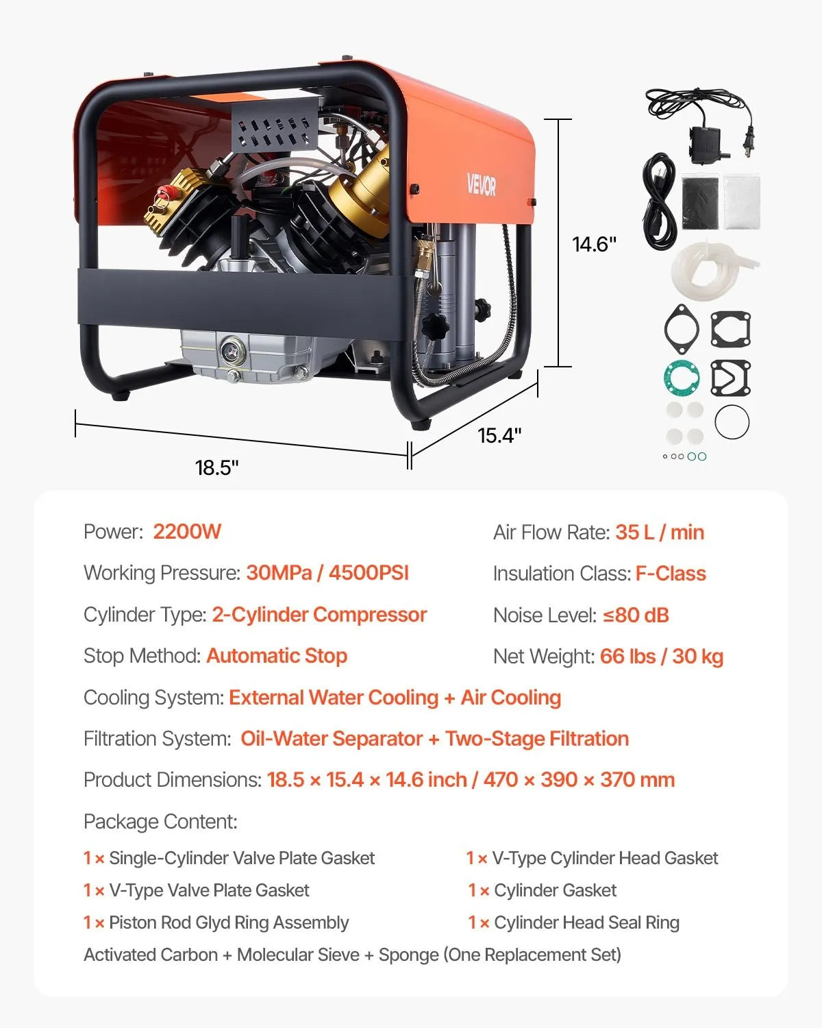 Vevor PCP Air Compressor Double Cylinder 4500 PSI Auto Stop External Cooling New