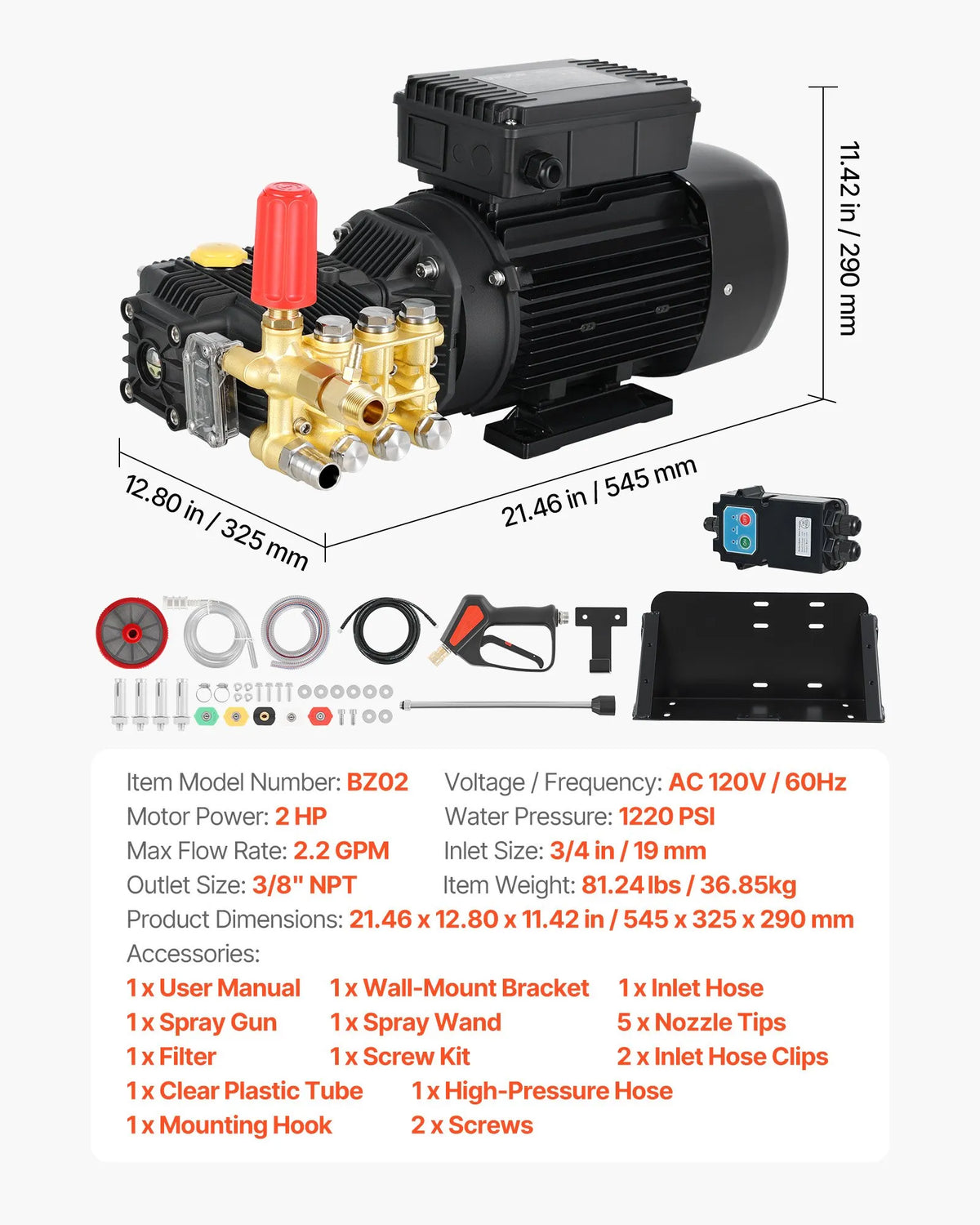 Vevor Electric Pressure Washer Pump Kit 1,220 PSI 2.2 GPM Triplex Wall Mounted 120V New