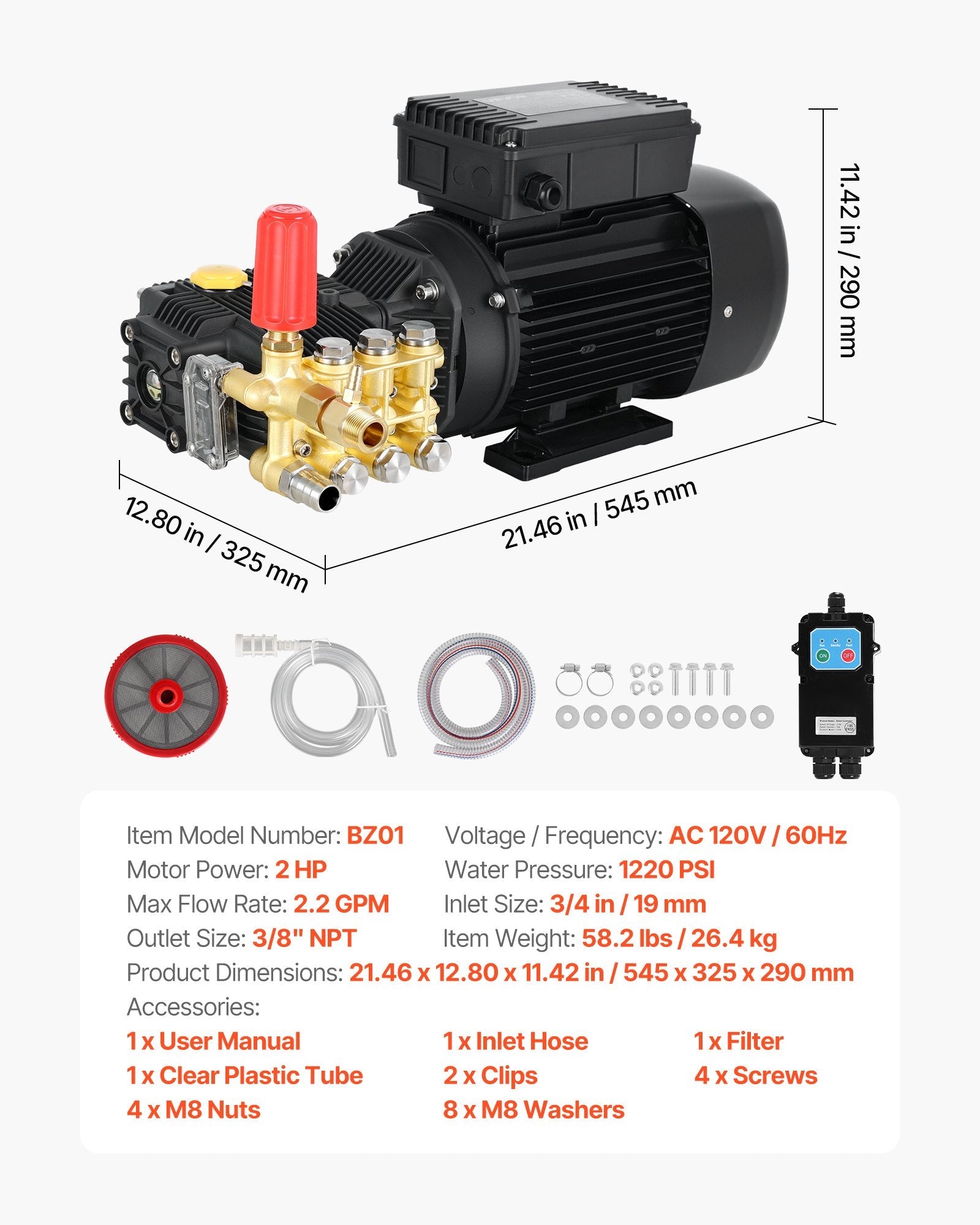 Vevor Electric Pressure Washer Pump Kit 1,220 PSI 2.2 GPM with 2 HP Motor 120V New