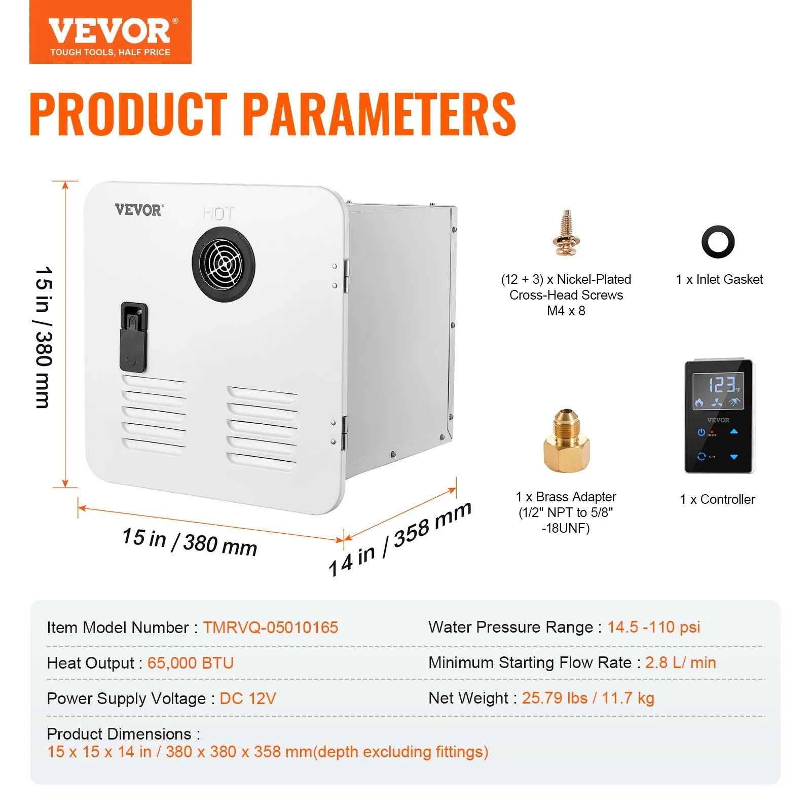 Vevor RV Tankless Water Heater 15" x 15" Propane Gas 65000BTU with Controller New