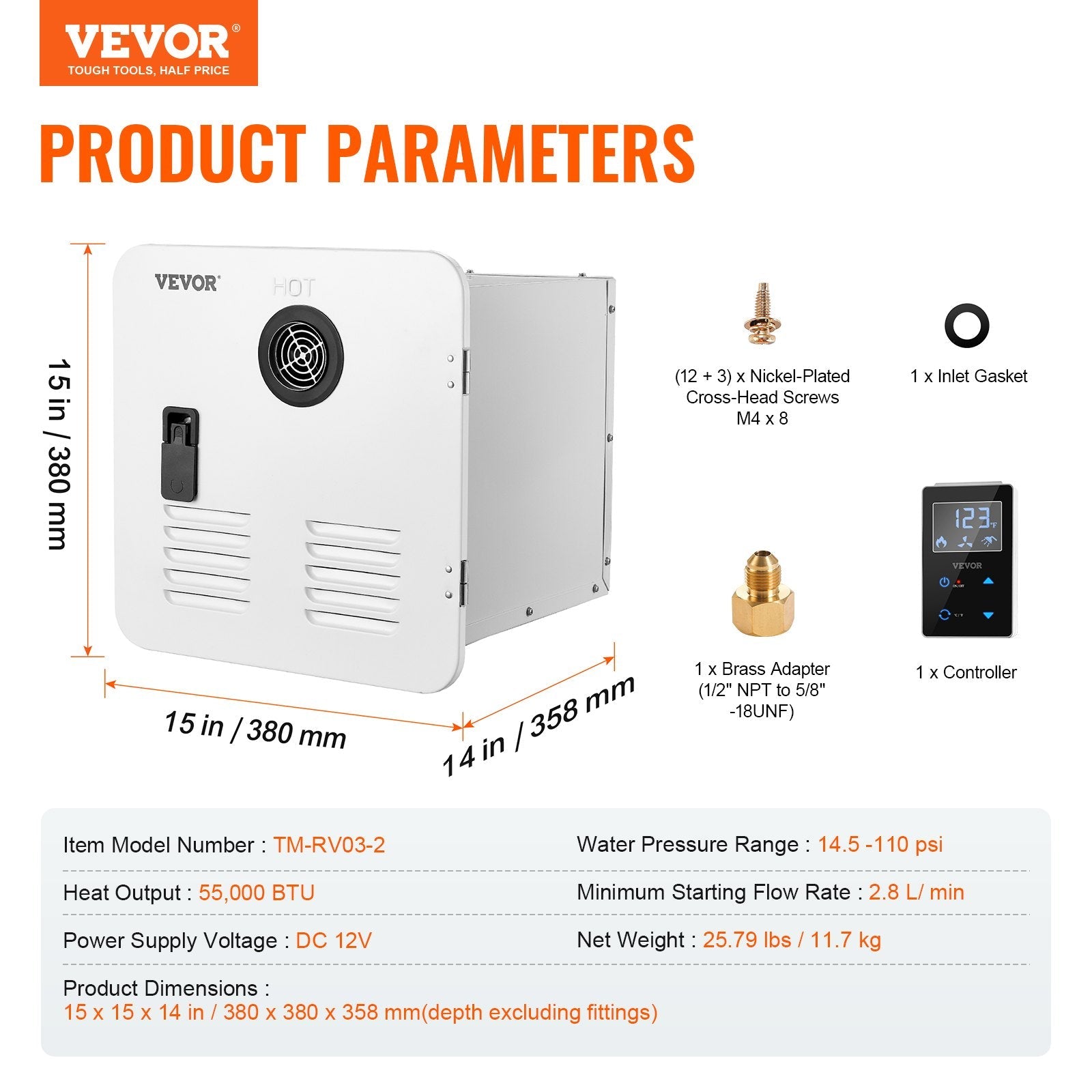 Vevor RV Tankless Water Heater 55,000 BTU with Remote Controller 15" x 15" New