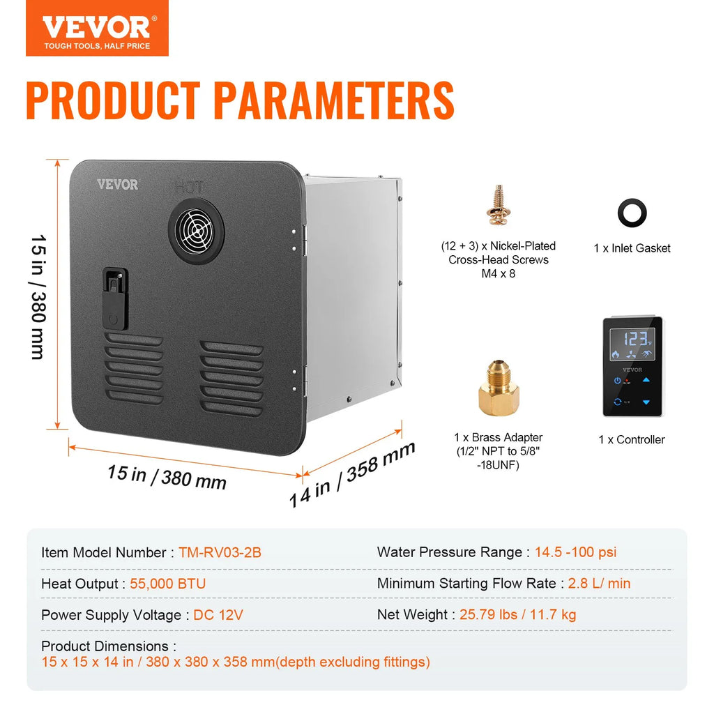 Vevor RV Tankless Water Heater 15" x 15" Propane Gas 55000BTU with Remote Controller New