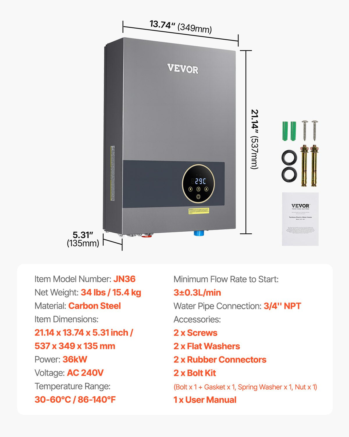 Vevor Tankless Electric Water Heater 36kW Instant Hot with LCD Touchscreen New