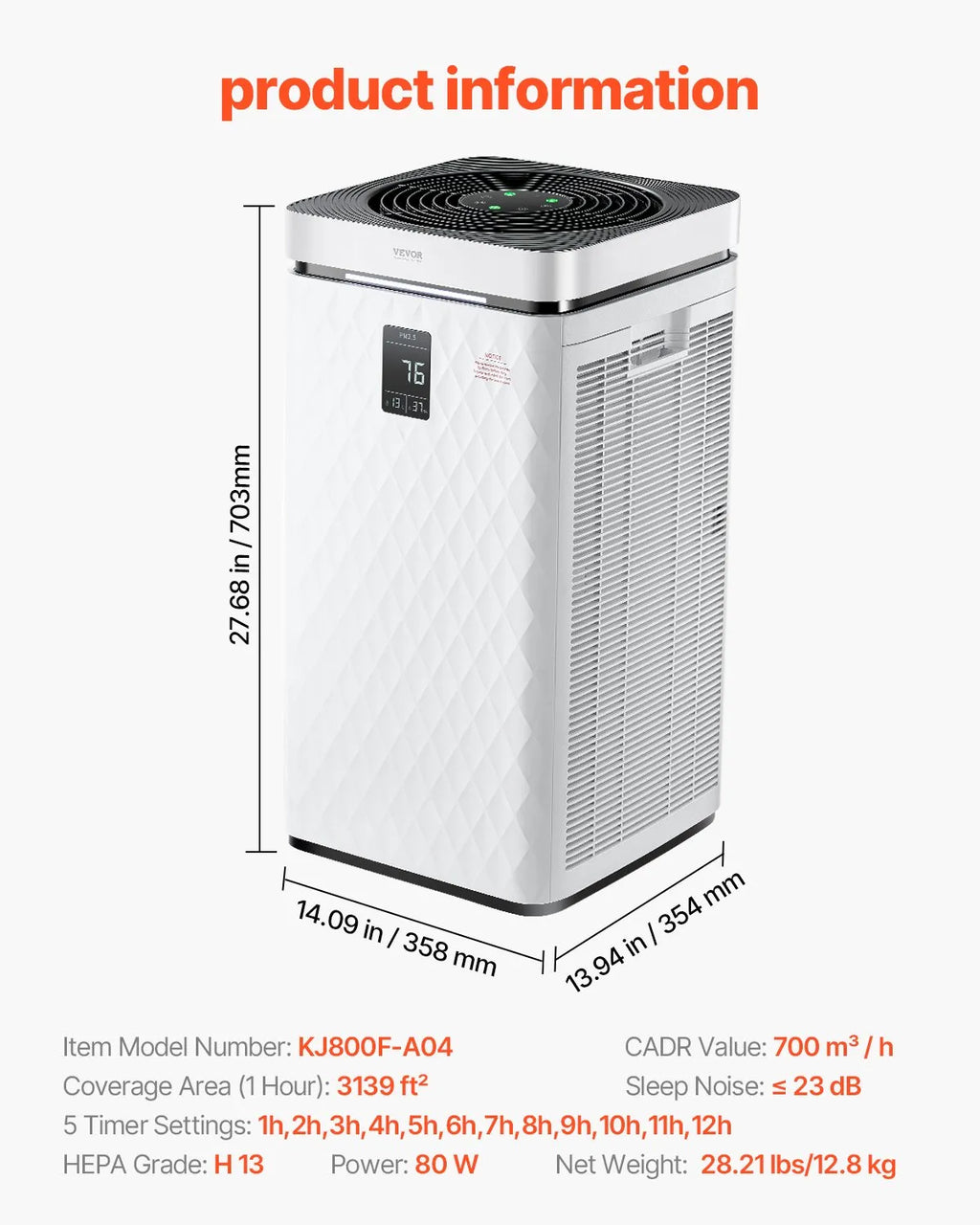 Vevor Smart Air Purifier 3139 ft²/h H13 HEPA Filter for Home & Office New