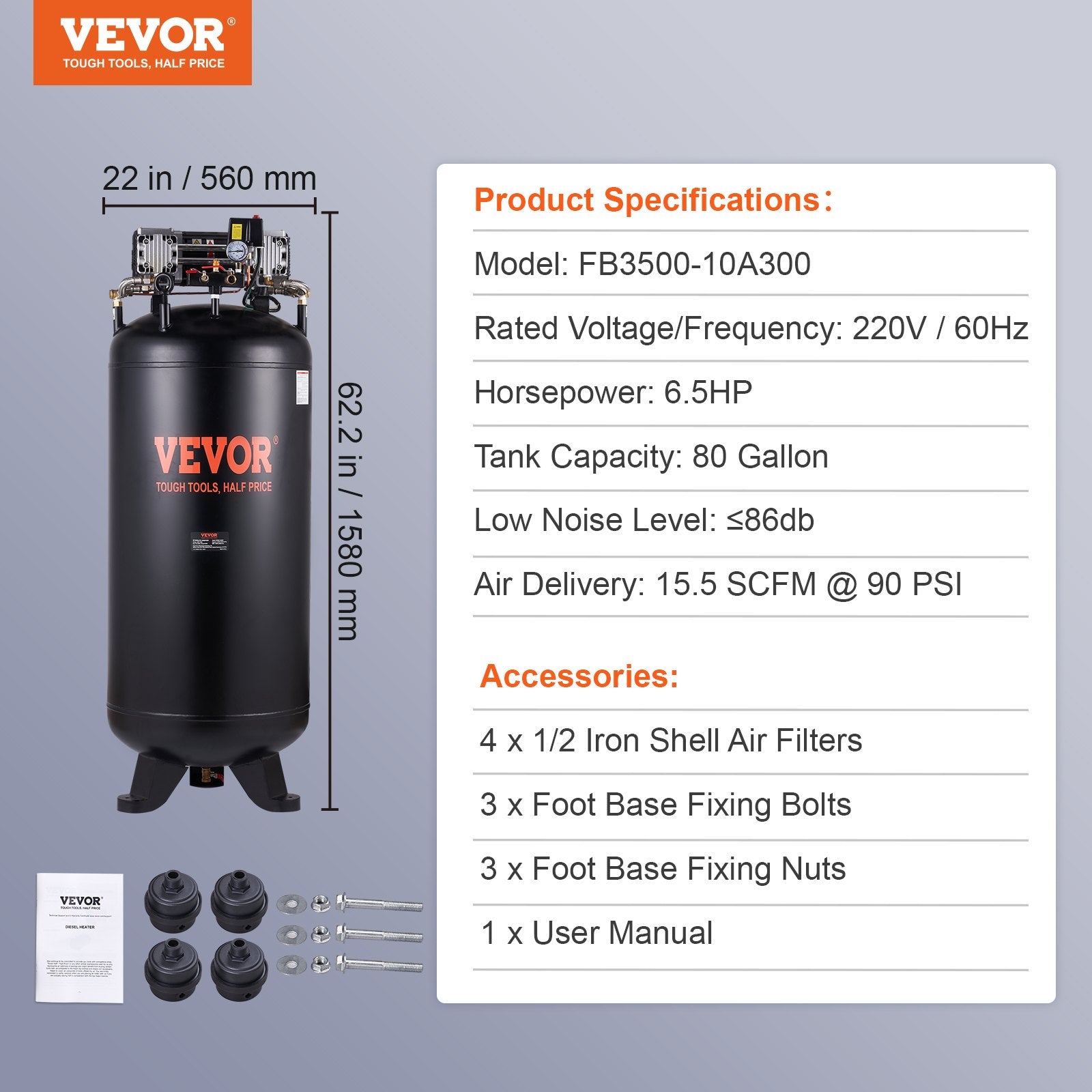 Vevor Air Compressor 80 Gal. 6.5 HP 15.5CFM @ 90PSI 3-Phase 220V New