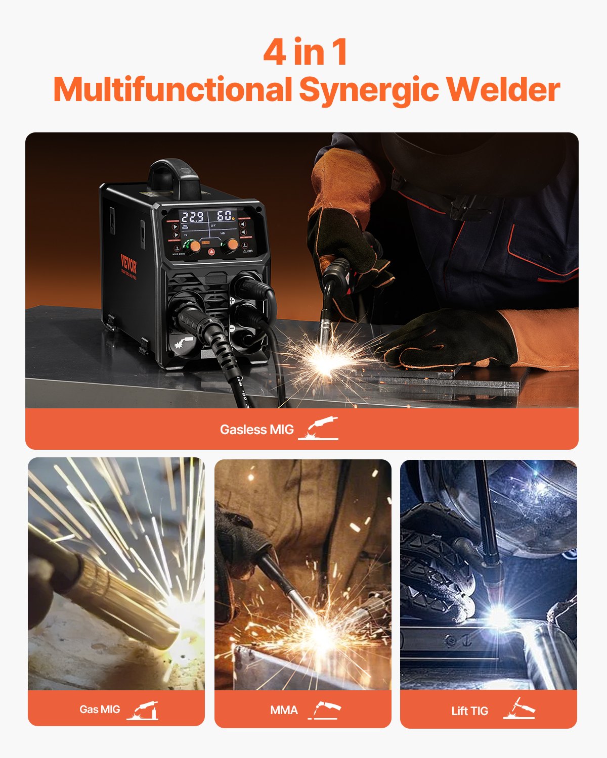 Vevor MIG Welder 4-in-1 Machine 200A Output Current Dual Voltage New