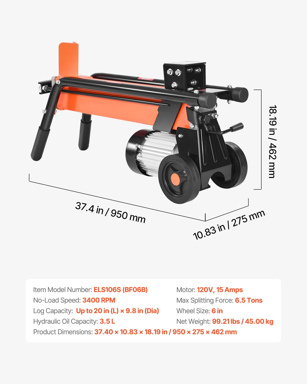 Vevor Electric Log Splitter 6.5 Ton Portable 1500W 15 Amp Motor New