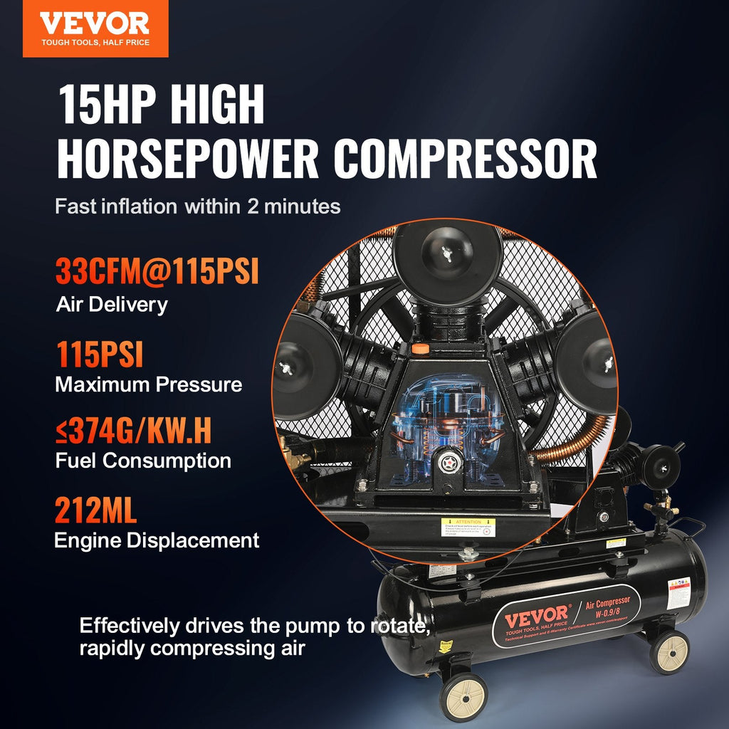 Vevor Air Compressor Gas Powered 30 Gal. 15 HP 33CFM @ 115 PSI New