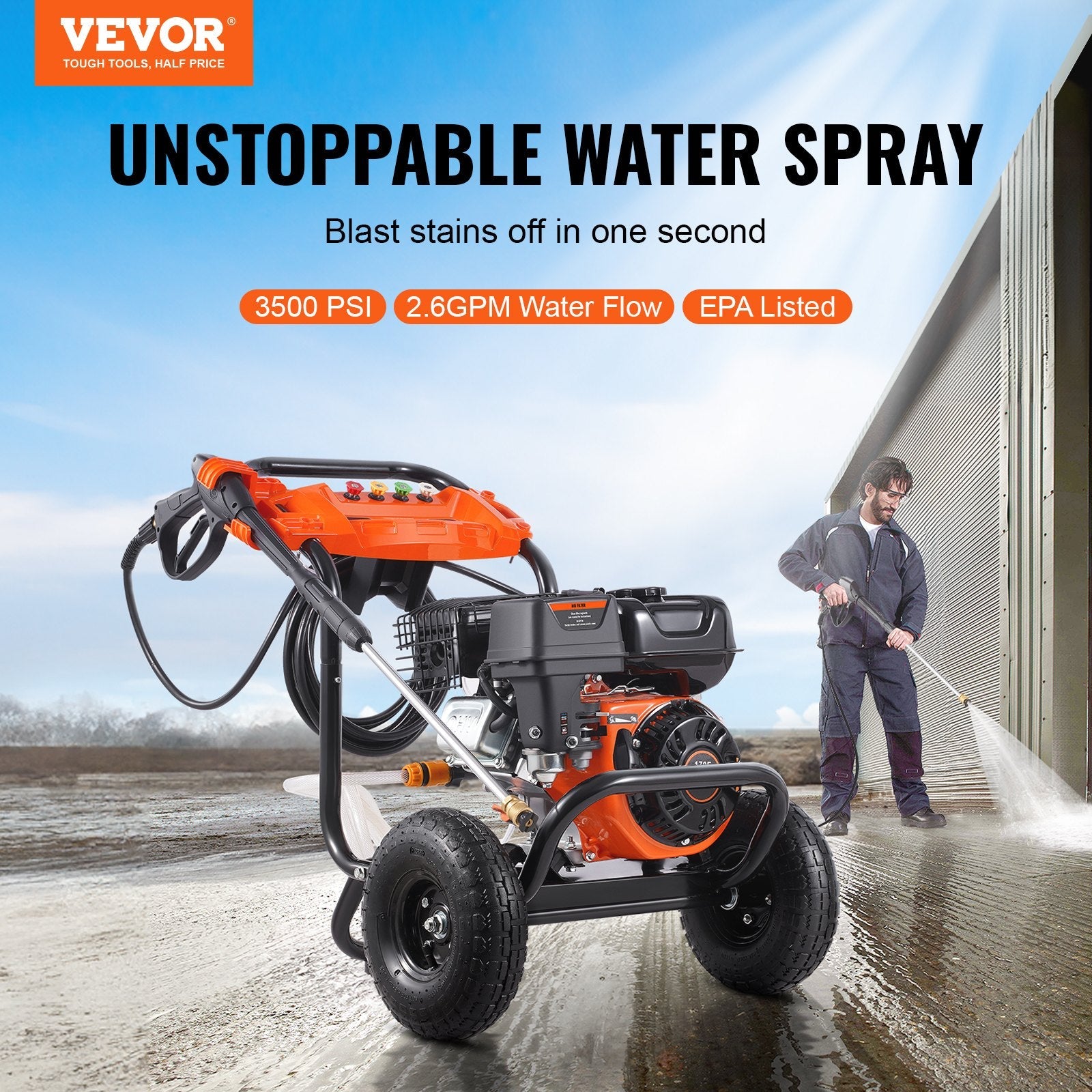 Vevor Pressure Washer Gas Powered with 5 Nozzle Set 3500 PSI 2.6 GPM Flow Rate 7HP New