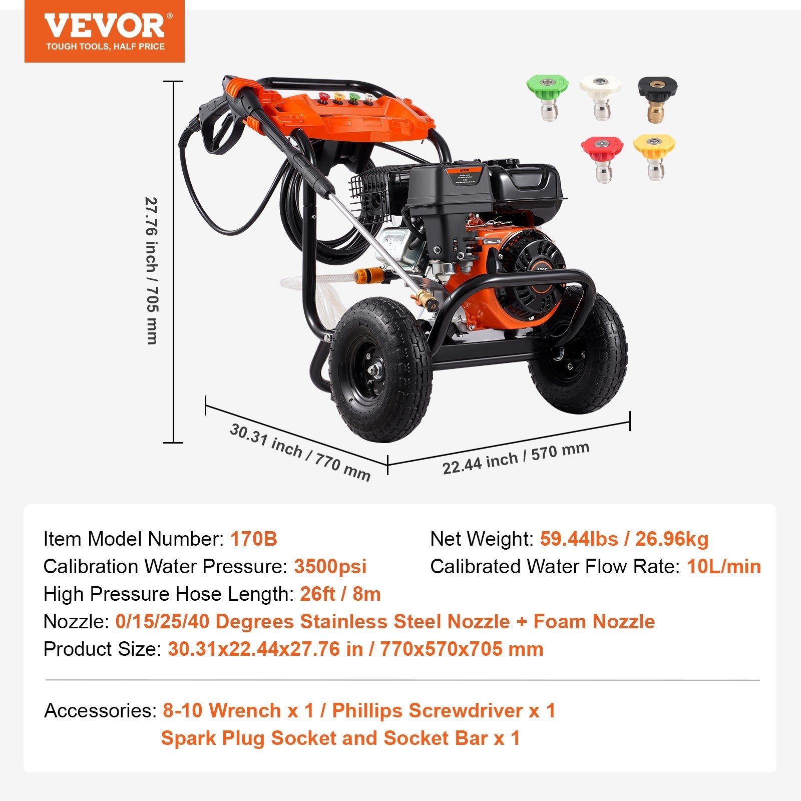 Vevor Pressure Washer Gas Powered with 5 Nozzle Set 3500 PSI 2.6 GPM Flow Rate 7HP New