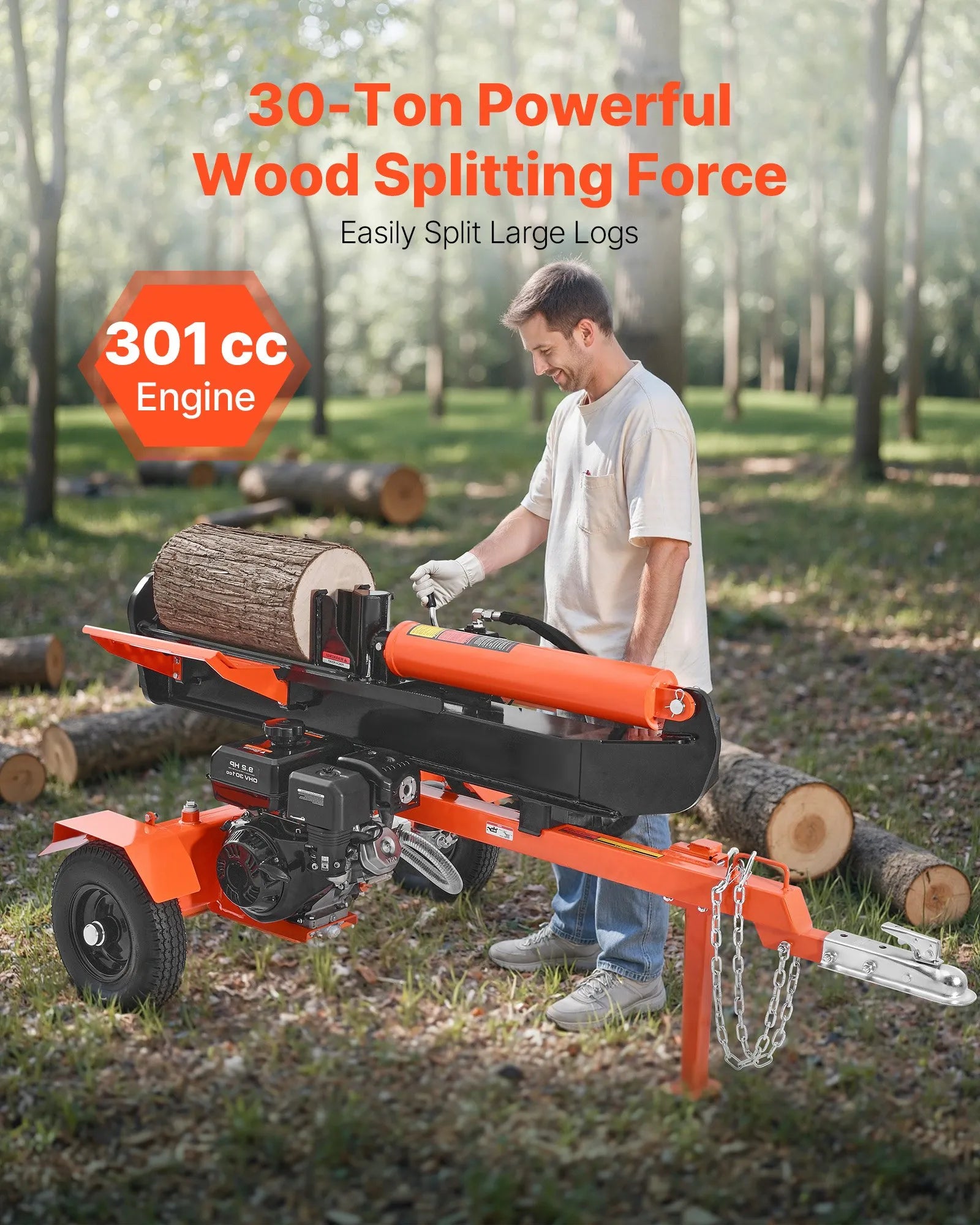 Vevor Log Splitter 30 Ton Horizontal Vertical with Auto Return 306CC Gas Engine 2" Ball Coupler New