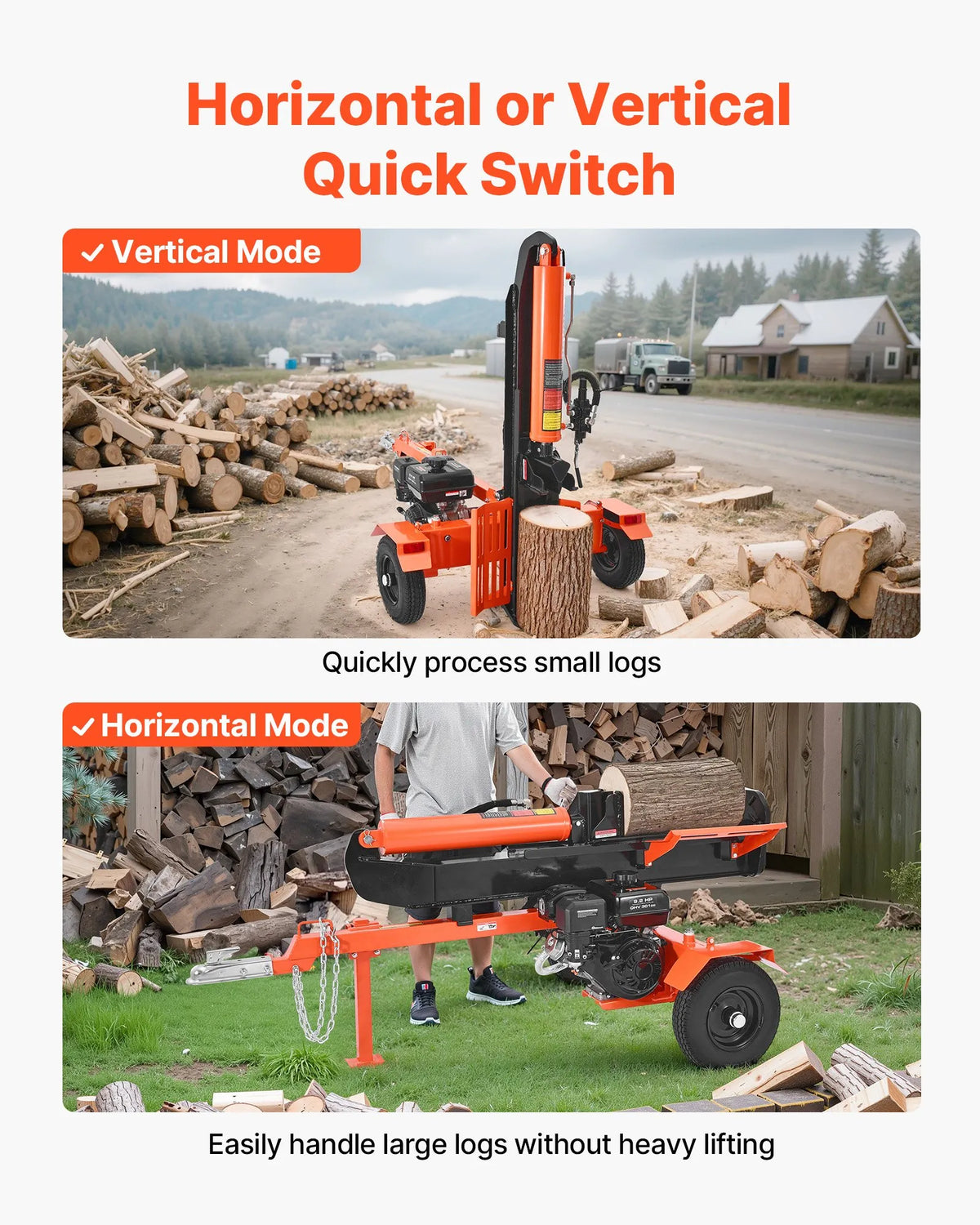 Vevor Log Splitter 30 Ton Horizontal Vertical with Auto Return 306CC Gas Engine 2" Ball Coupler New