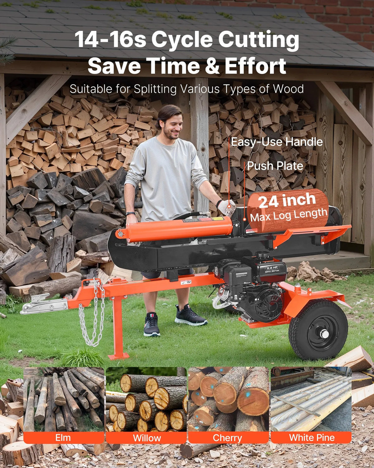 Vevor Log Splitter 30 Ton Horizontal Vertical with Auto Return 306CC Gas Engine 2" Ball Coupler New