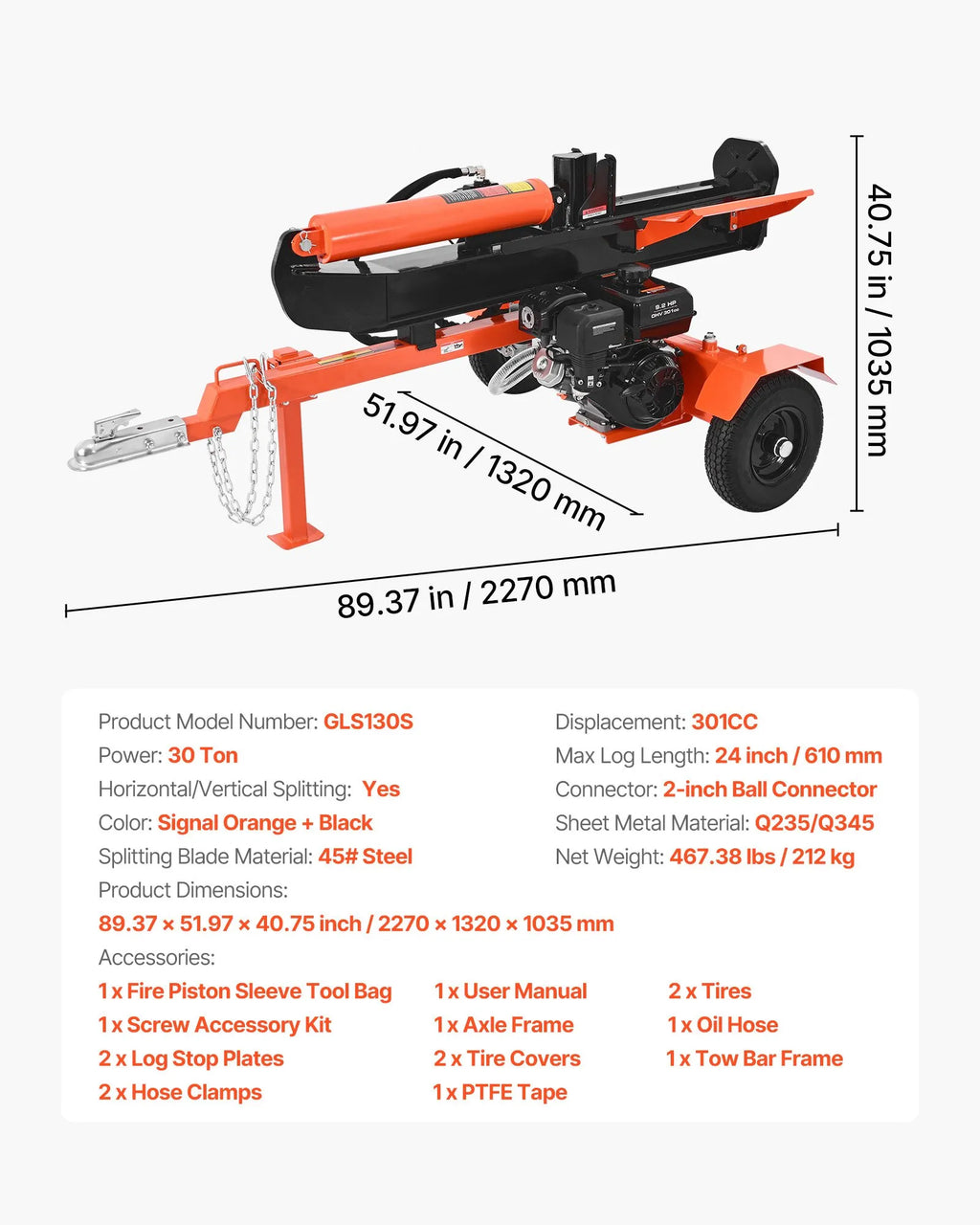 Vevor Log Splitter 30 Ton Horizontal Vertical with Auto Return 306CC Gas Engine 2" Ball Coupler New