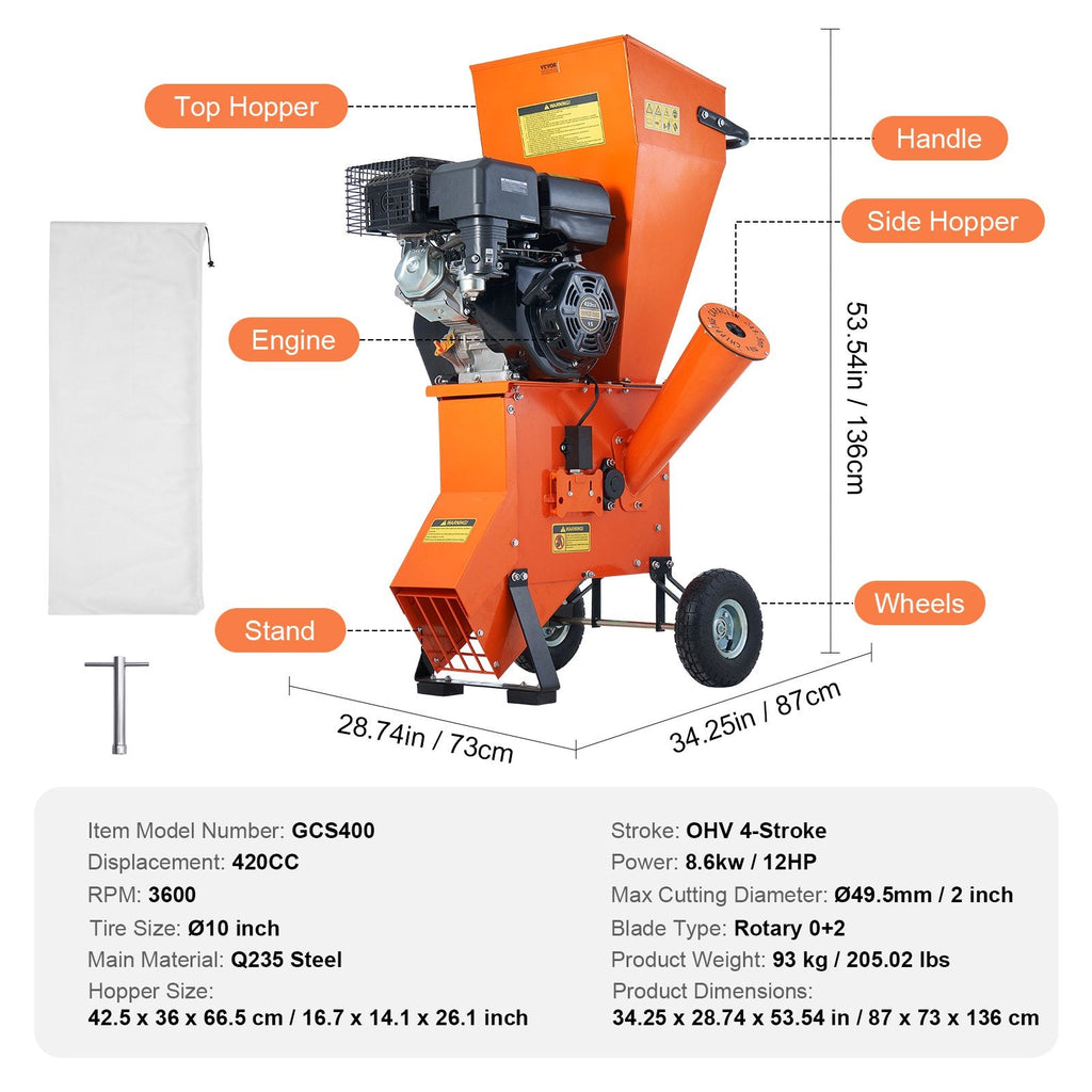 Vevor Wood Chipper Shredder Mulcher 6.7" Capacity 12HP Gas Powered 420cc New