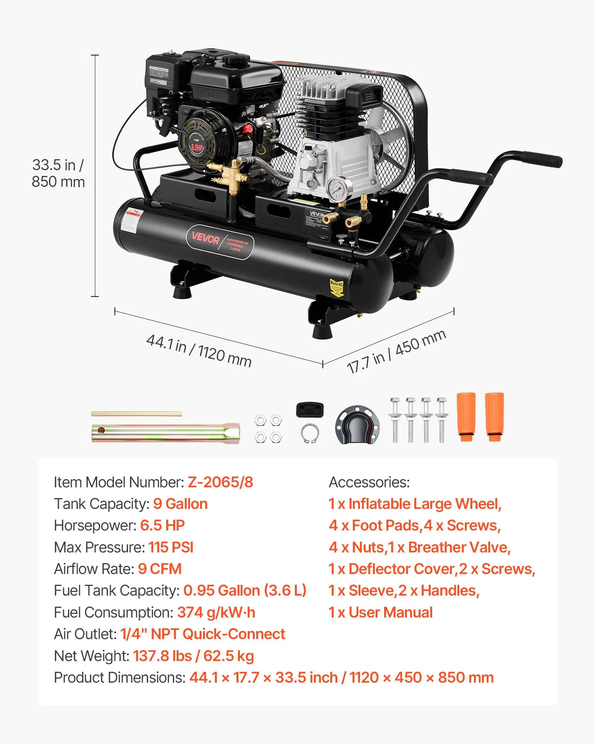 Vevor Air Compressor Gas Powered 9 Gal. Twin-Tank 6.5 HP 9 CFM 115 PSI New