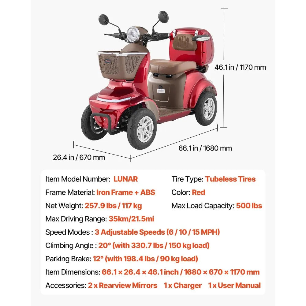 Vevor Mobility Scooter 4 Wheel Heavy Duty 60V 15 MPH 21.5 Mile Range 1000W New