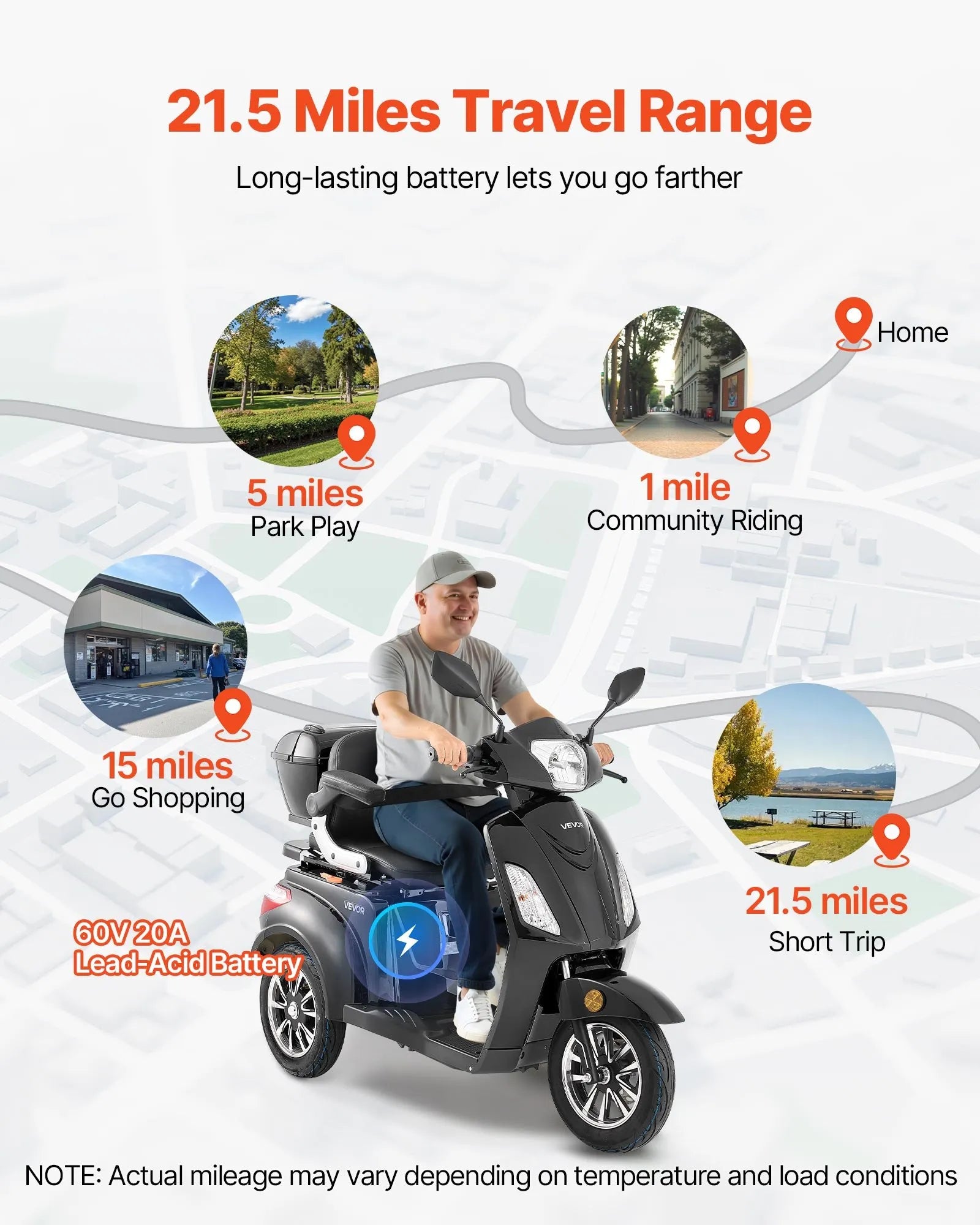 Vevor Mobility Scooter 3-Wheel 15 MPH 21.5 Mile Range 60V 1000W New