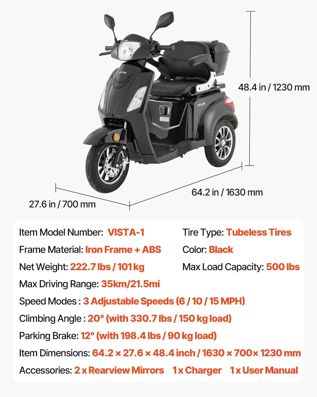 Vevor Mobility Scooter 3-Wheel 15 MPH 21.5 Mile Range 60V 1000W New