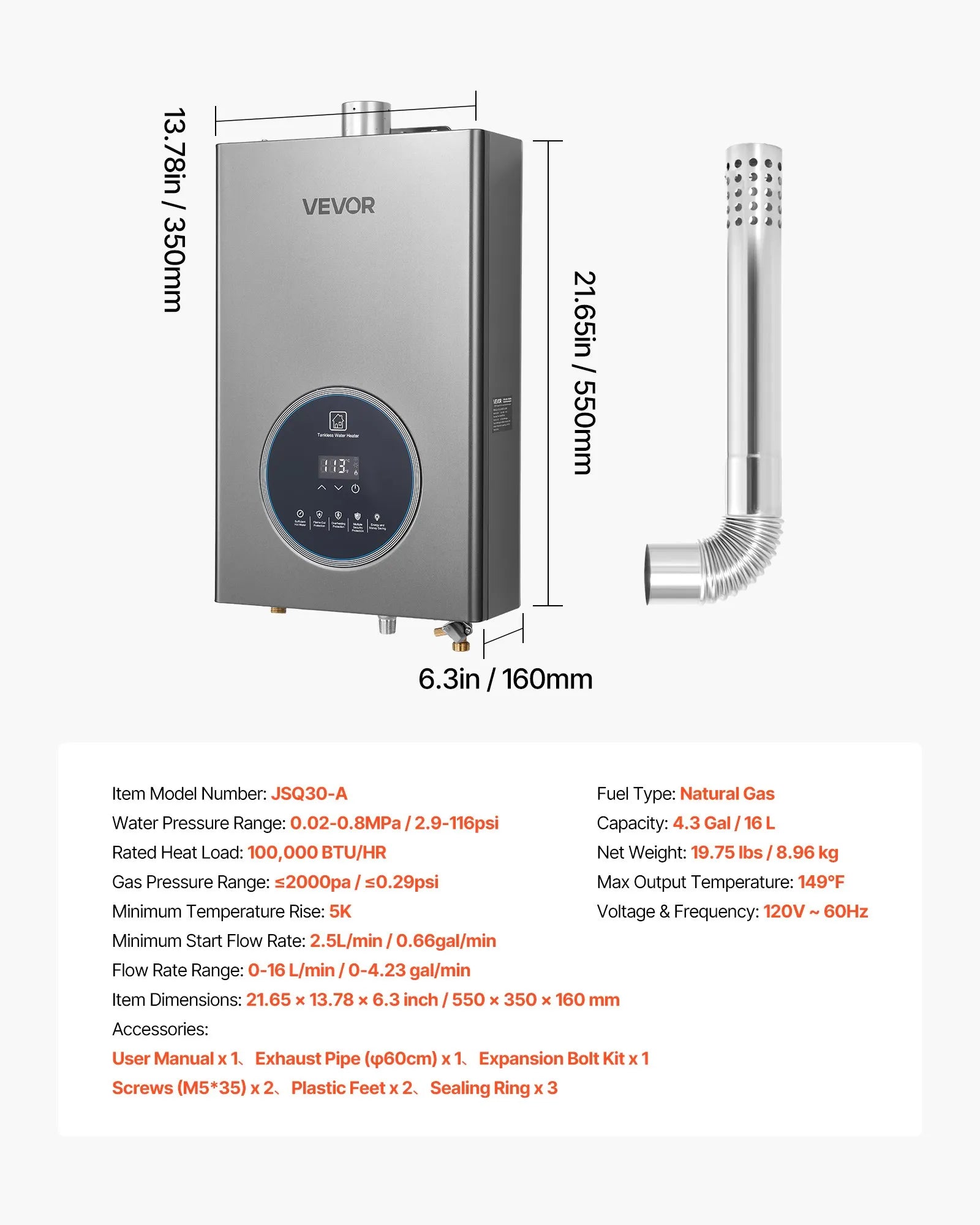 Vevor Tankless Water Heater 4.3 GPM 100,000 BTU Natural Gas Smart Temp Control Indoor New