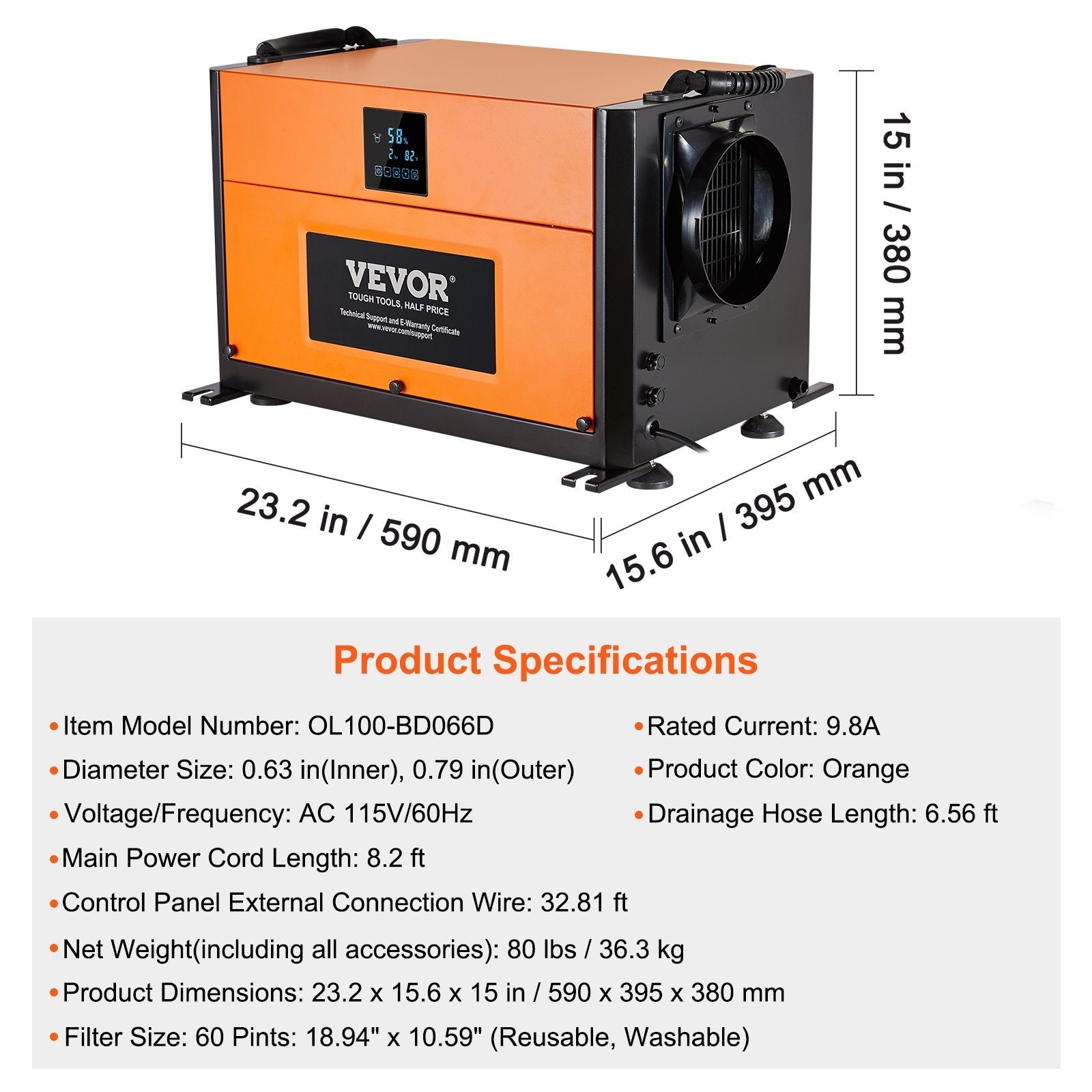 Vevor Commercial Dehumidifier with Drain Hose Large Capacity 190 Pints New
