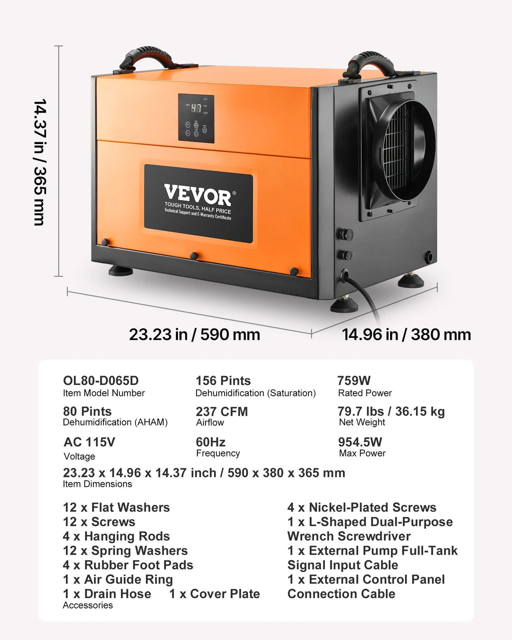 Vevor Dehumidifier with Drain Hose 156 Pints Auto Defrost/Drainage New