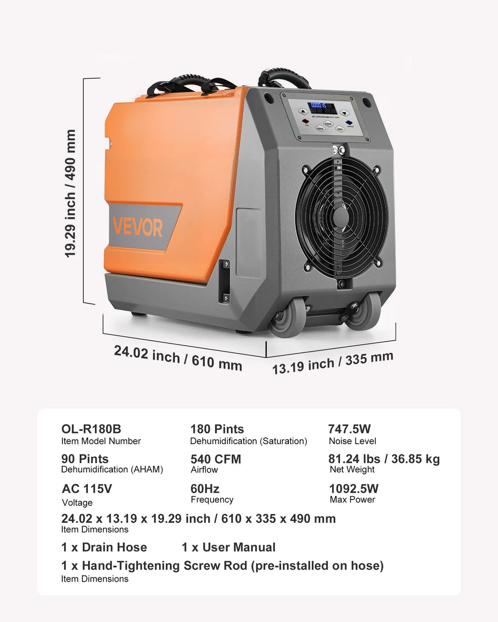 Vevor Commercial Dehumidifier 180 Pints with Pump/Drain Hoses Auto Defrost New