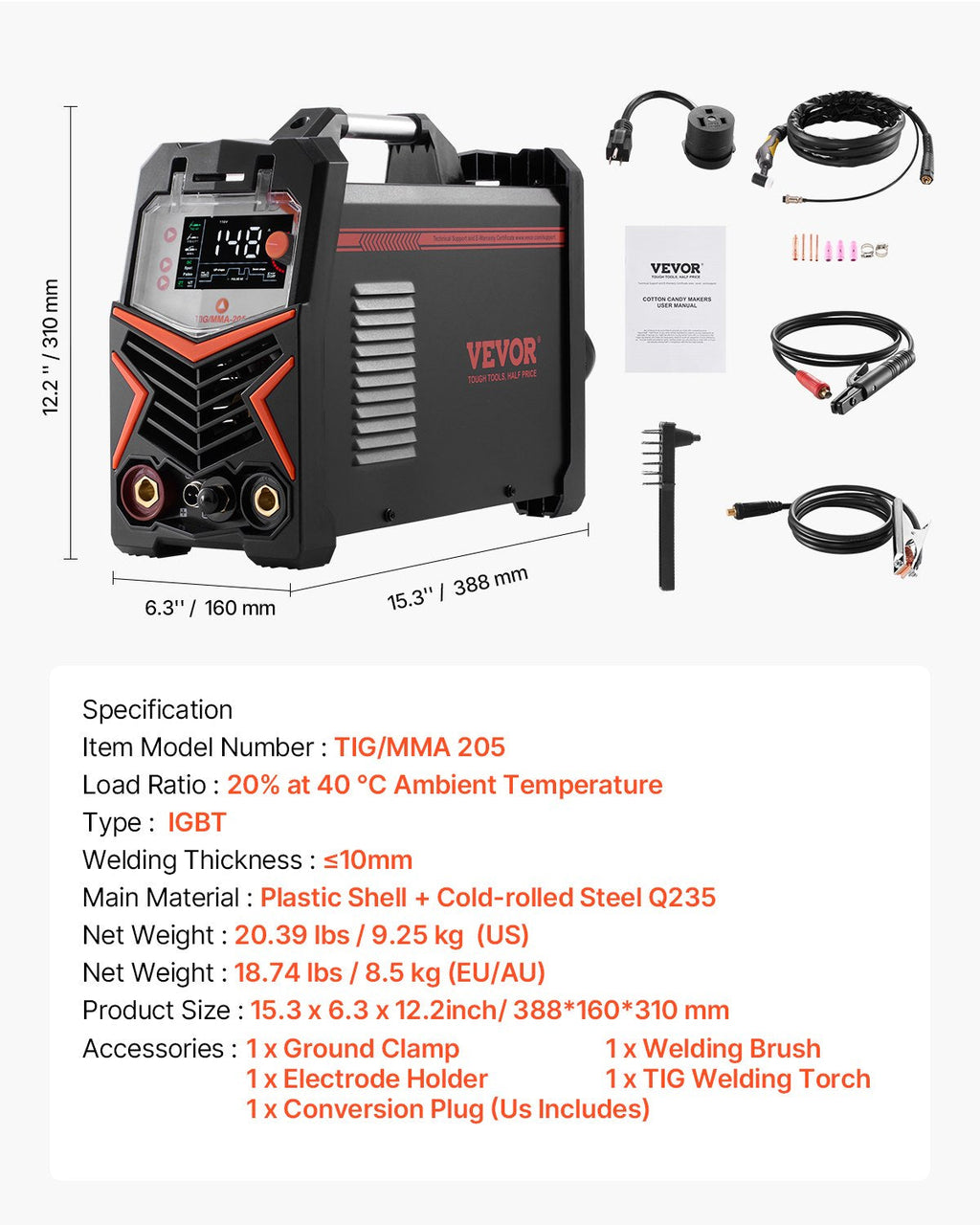 Vevor TIG Welder 3-in-1 Welding Machine Pulse MMA Stick IGBT Inverter LED Panel New