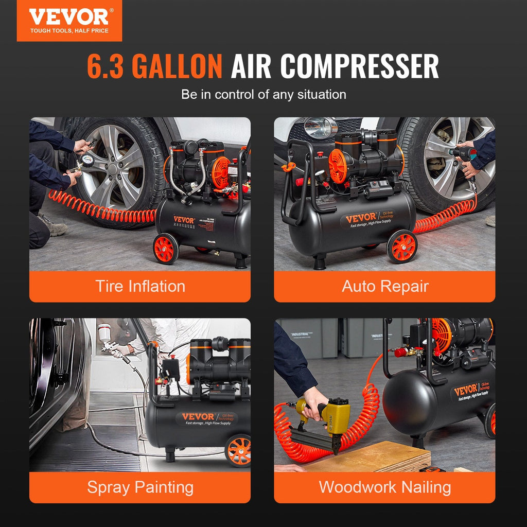 Vevor Air Compressor 6.3 Gal. 3.35CFM @ 90PSI Oil-Free Ultra Quiet 1450W New