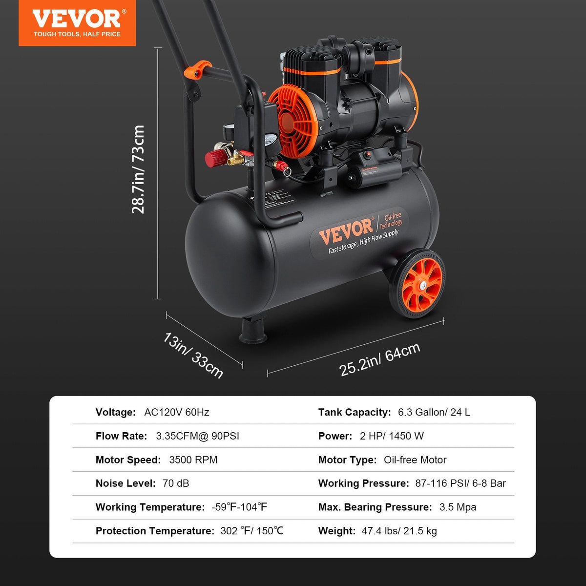 Vevor Air Compressor 6.3 Gal. 3.35CFM @ 90PSI Oil-Free Ultra Quiet 1450W New