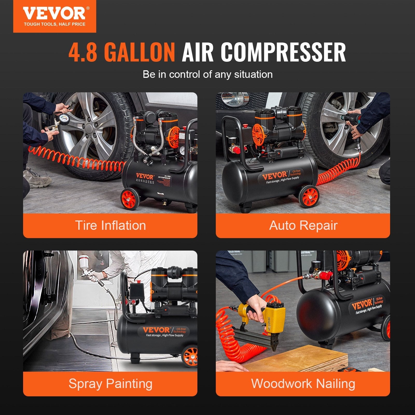 Vevor Air Compressor 4.8 Gallon 900W 2.2CFM @ 90PSI Ultra Quiet Oil-Free New