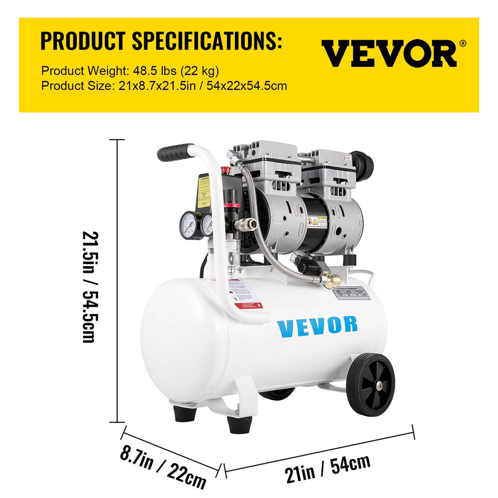 Vevor Air Compressor 6.6 Gal. 1HP 115 PSI Oil-Free Ultra Quiet Portable 750W New