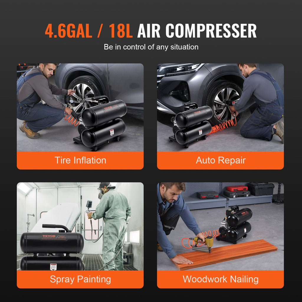 Vevor Air Compressor 4.6 Gal. Max 120 PSI Oil-Free Horizontal Compact Portable New