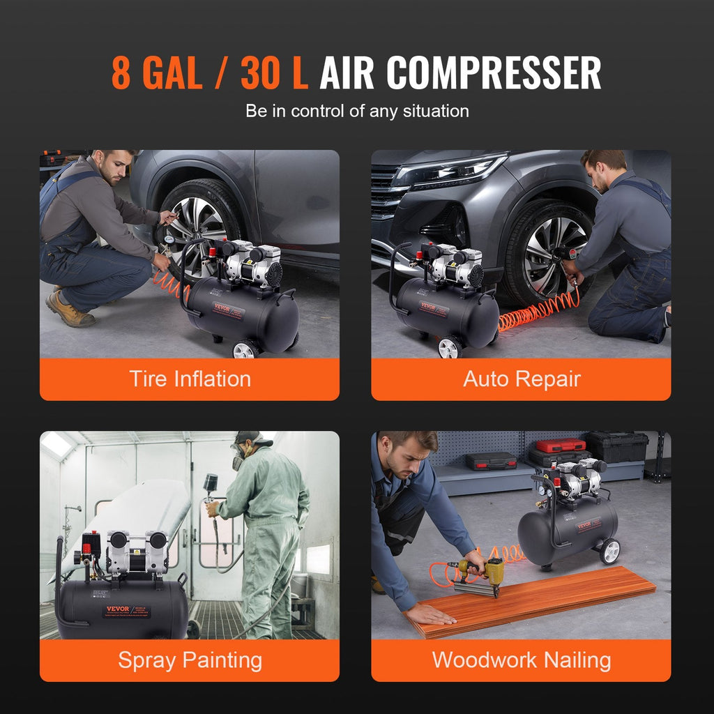 Vevor Air Compressor 8 Gal. Max 120 PSI Oil-Free Horizontal Compact Portable New