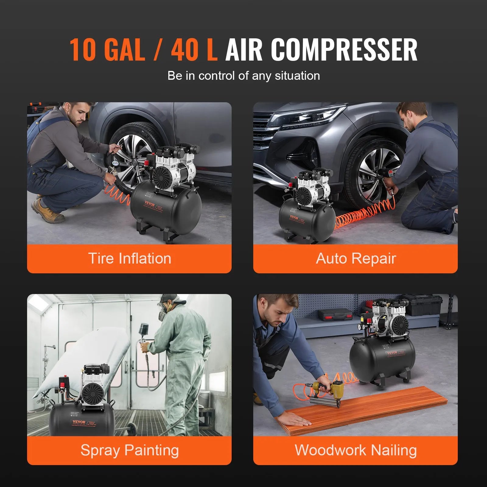 Vevor Air Compressor Compact Portable Oil Free 10 Gal. 2 HP 90 PSI New