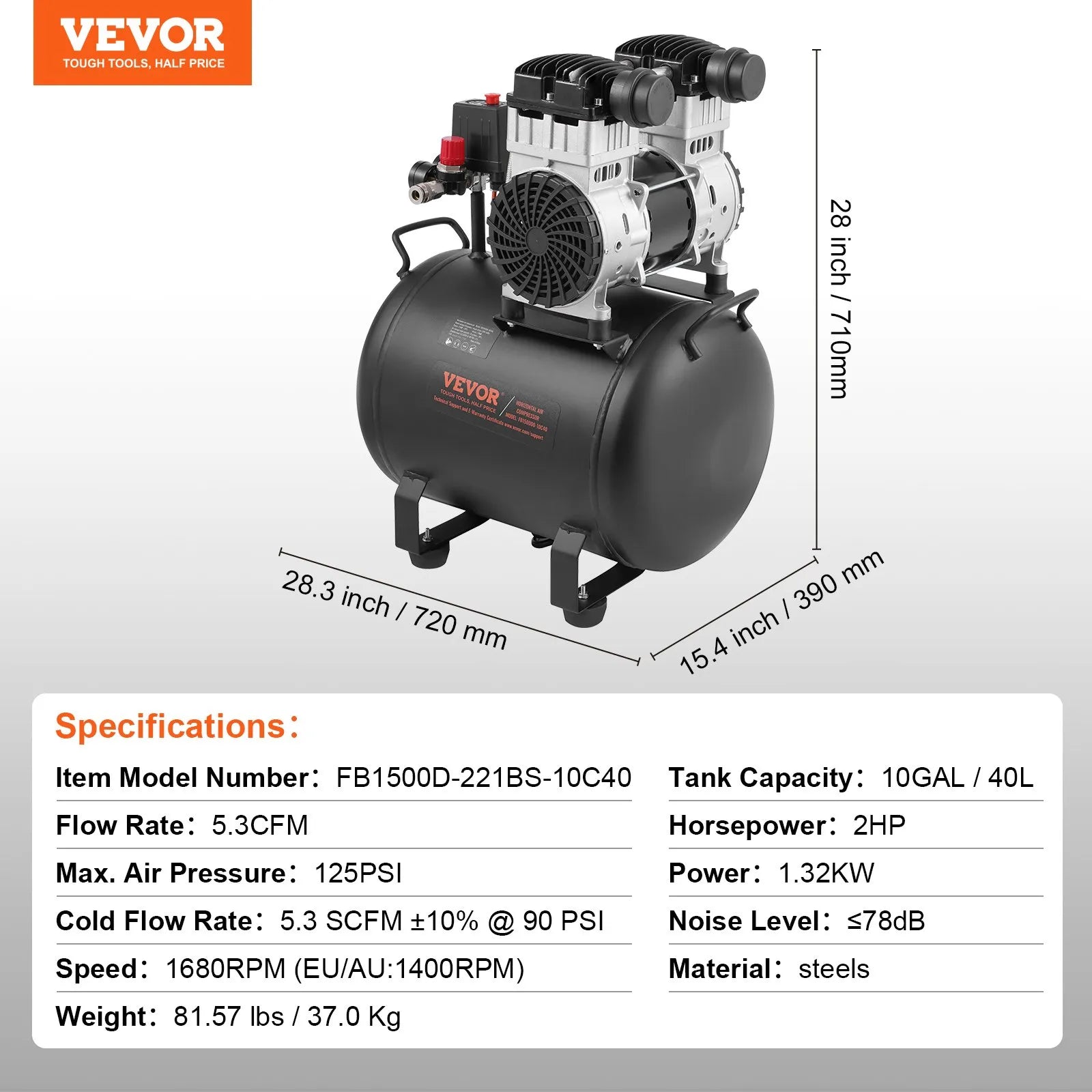 Vevor Air Compressor Compact Portable Oil Free 10 Gal. 2 HP 90 PSI New
