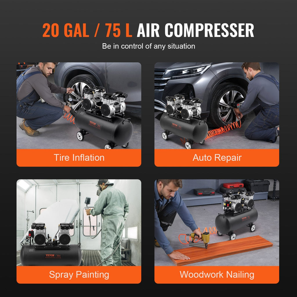 Vevor Air Compressor 20 Gal. Max 125 PSI Oil-Free Horizontal Compact Portable New