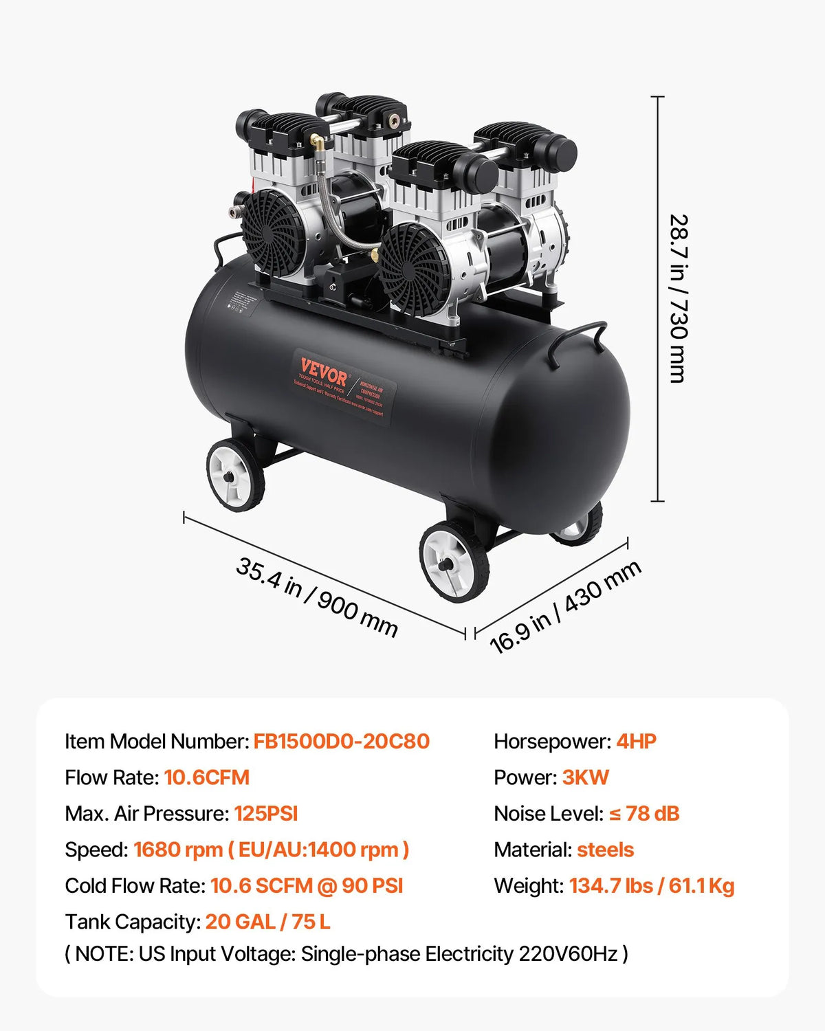 Vevor Air Compressor 20 Gal. Max 125 PSI Oil-Free Horizontal Compact Portable New