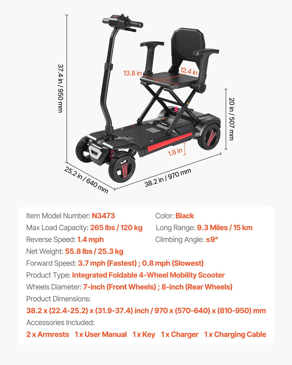 Vevor Mobility Scooter 4 Wheel Manual Folding 24V 3.7 MPH 9.3 Mile Range New
