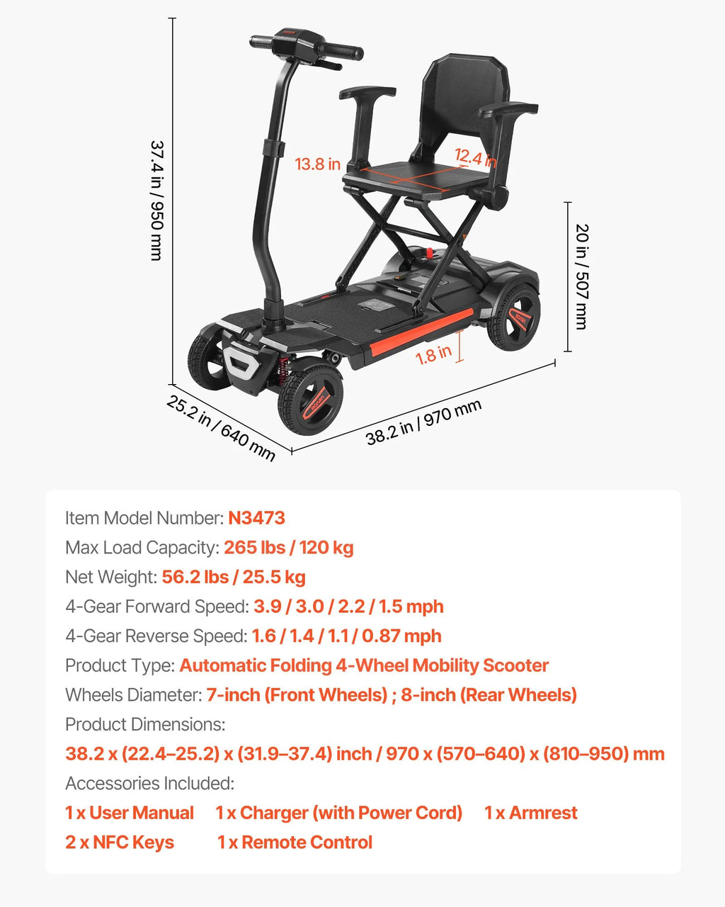 Vevor Mobility Scooter 4 Wheel Automatic Folding Remote Control 24V 4 MPH 9.3 Mile Range New