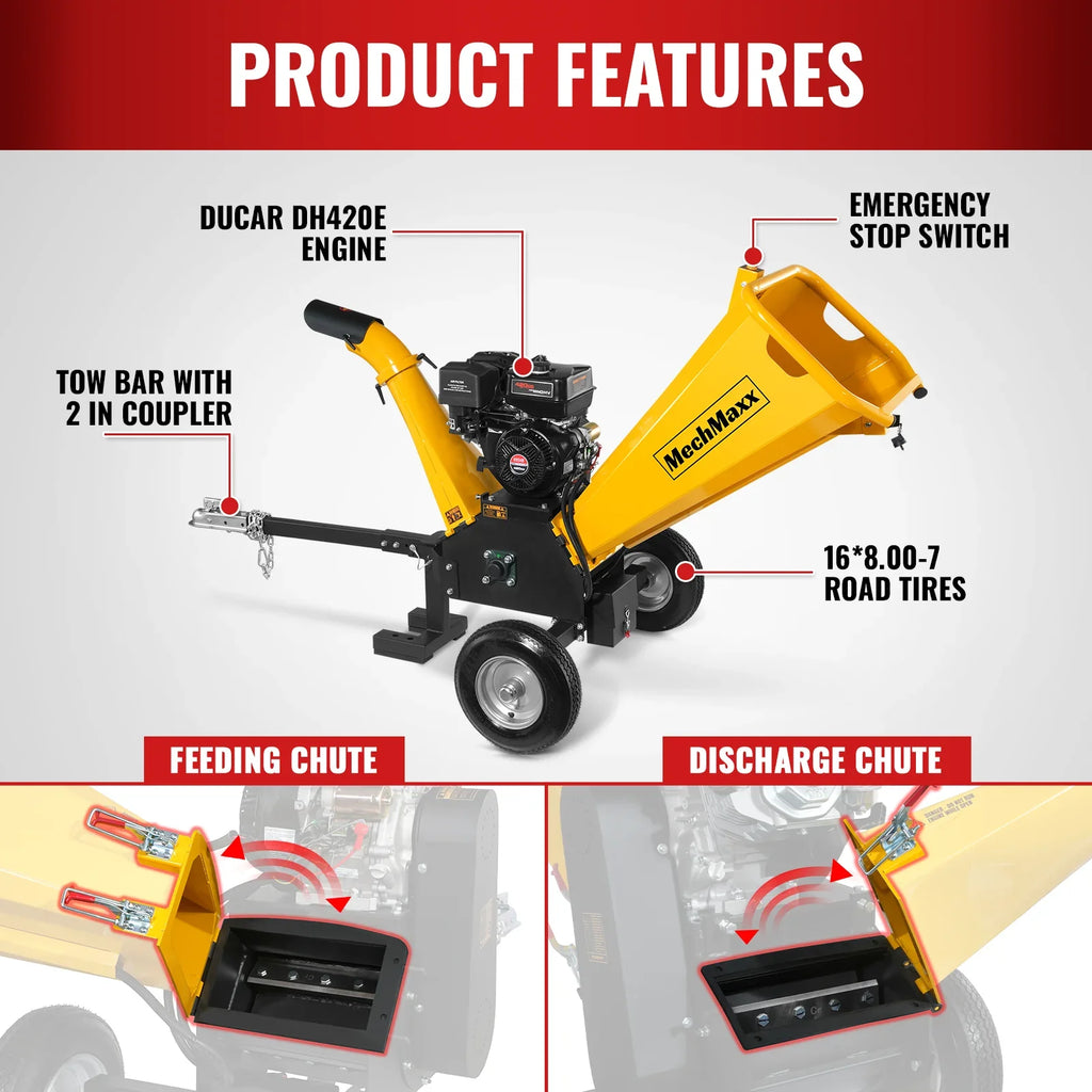 MechMaxx GS1500 Wood Chipper 5" Electric Start DUCAR 420cc Gasoline Engine Powered New