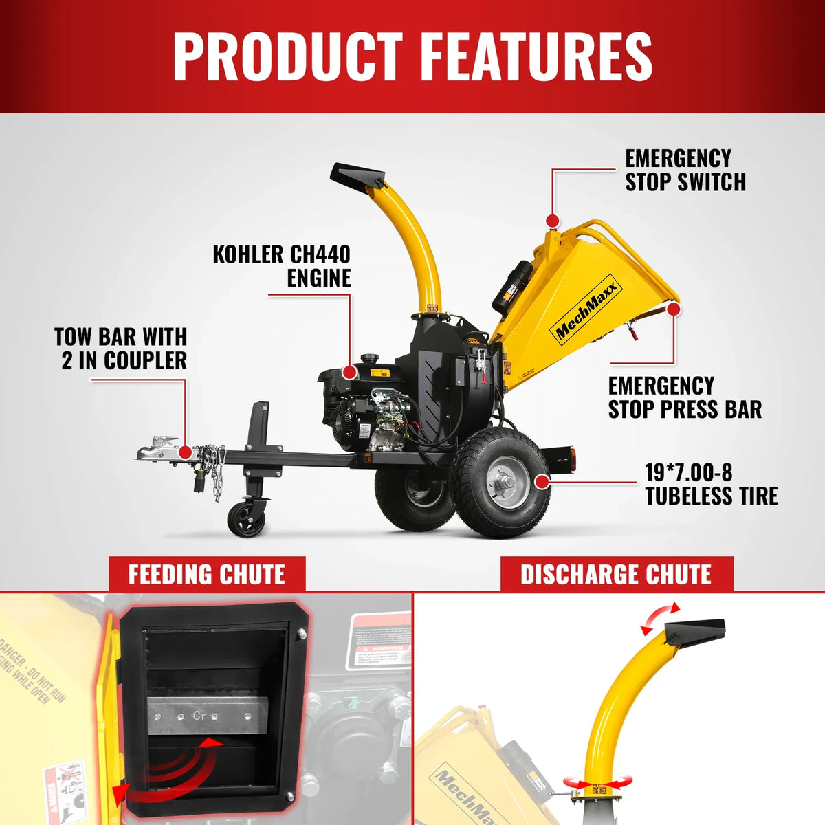 MechMaxx P4205 Wood Chipper 5" Electric Start KOHLER 429cc 14HP Gas Engine Powered Disc with Taillight New