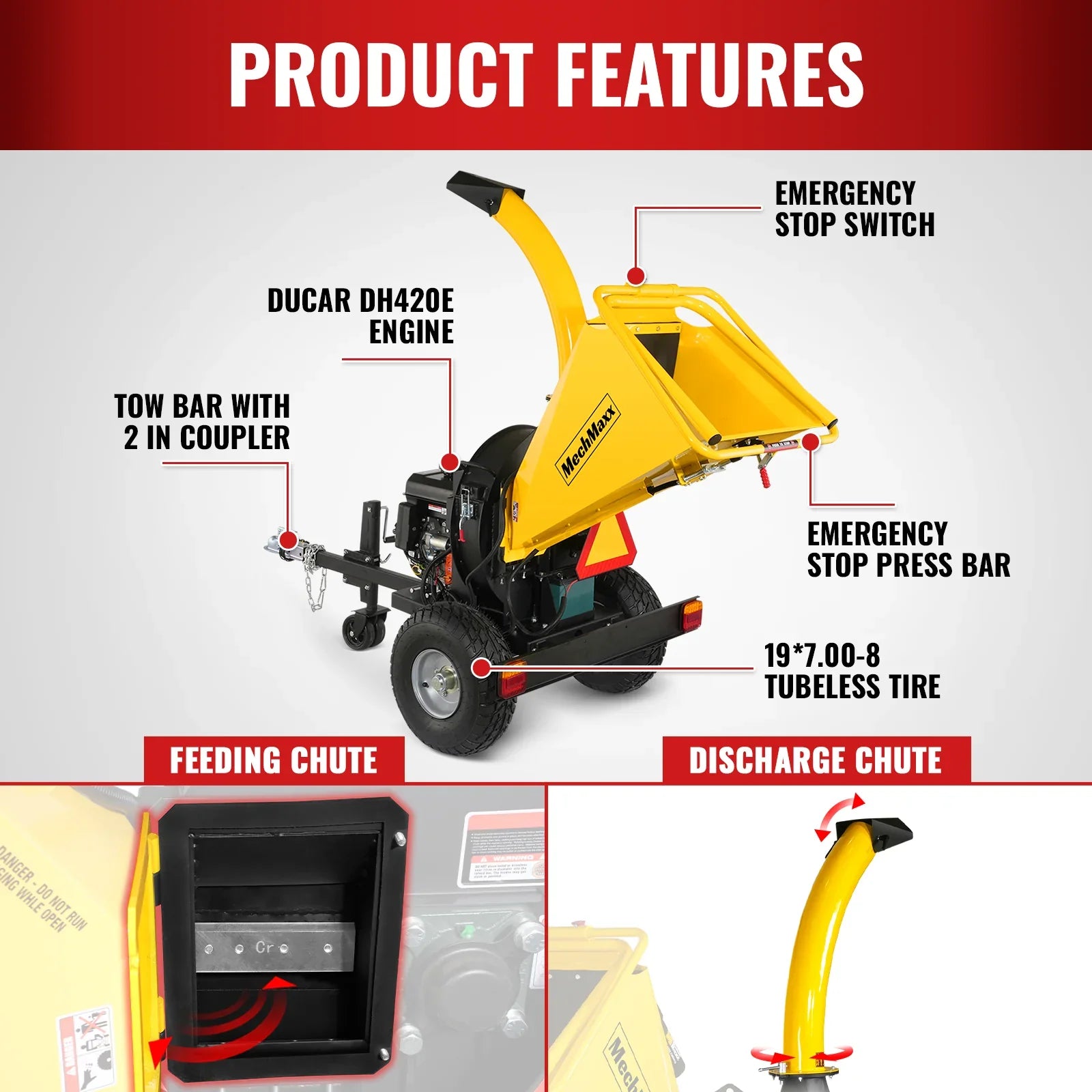 MechMaxx P4205 Wood Chipper 5" Electric Start DUCAR 420cc 15 HP Gasoline Engine Powered Disc with Taillight New